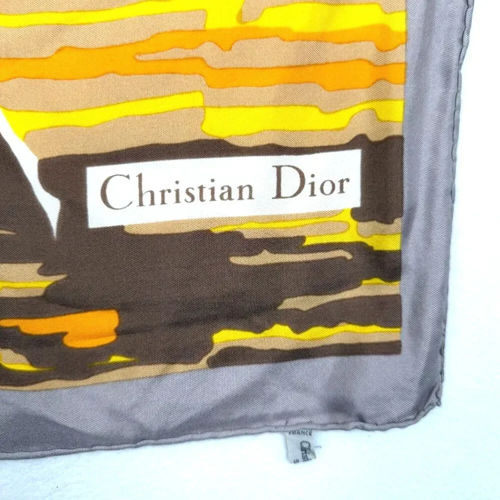 VTG 70s Christian Dior Silk Scarf 30x30 Abstract Landscape Botanical Mod France